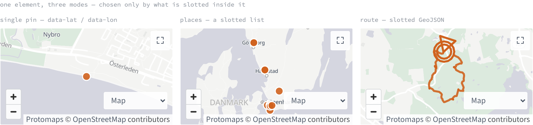 Three maps side by side. The first has a single orange dot on a coastal town. The second is zoomed out over the Swedish west coast and Denmark with a scatter of orange dots. The third is a pale green forest map carrying an orange route line with its start triangle and finish circles.
