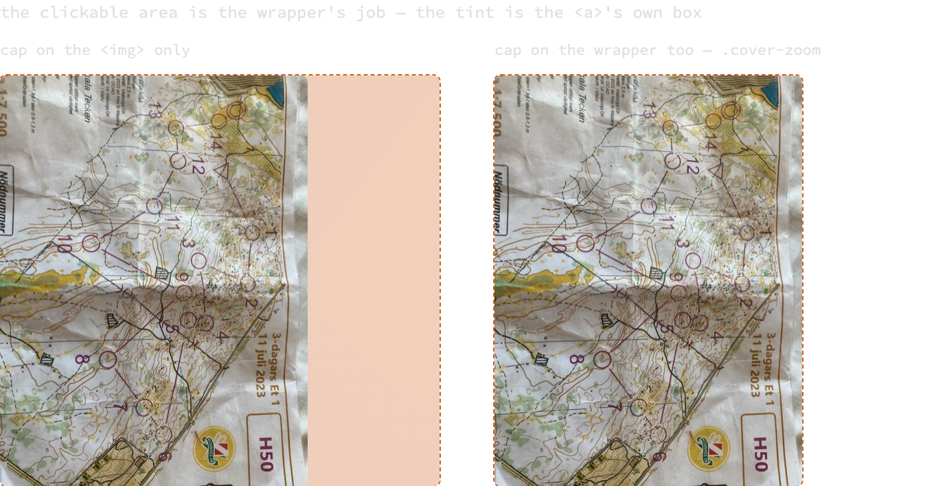 The same photographed race map twice, both capped to the same width. Around the left one, a tinted dashed rectangle extends well past the picture to the full width of the column; around the right one, the same rectangle hugs the picture.
