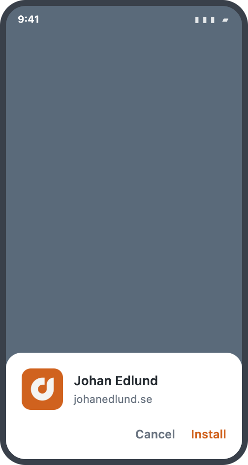 An install sheet over a dimmed page, showing the rounded orange tile beside the name Johan Edlund and the address johanedlund.se, with Cancel and Install.