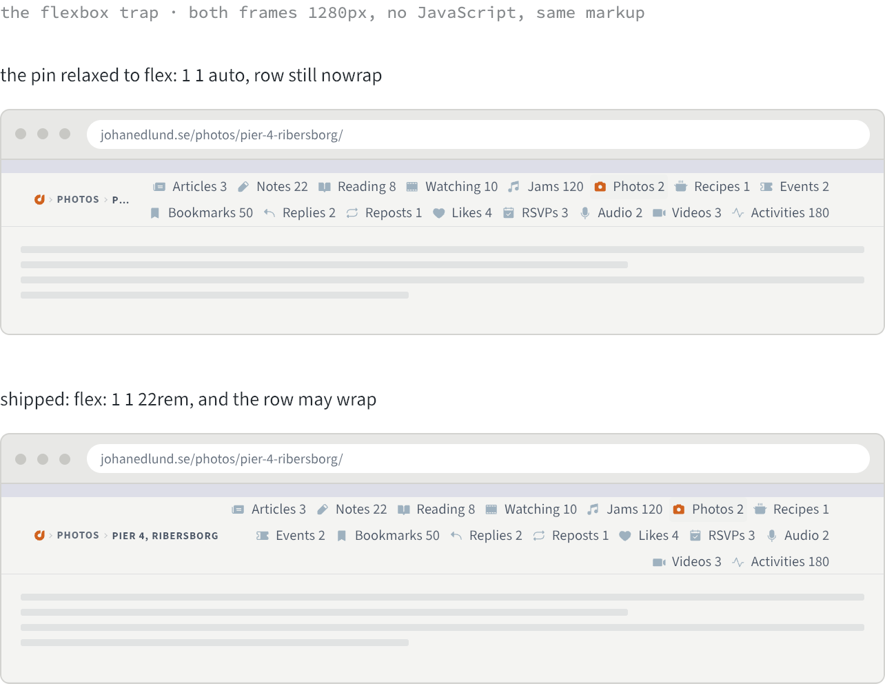 Two browser windows stacked, identical except for the header row's flex declarations. In the upper one the breadcrumb reads Photos then a single truncated letter; in the lower one it reads Photos then Pier 4, Ribersborg in full.