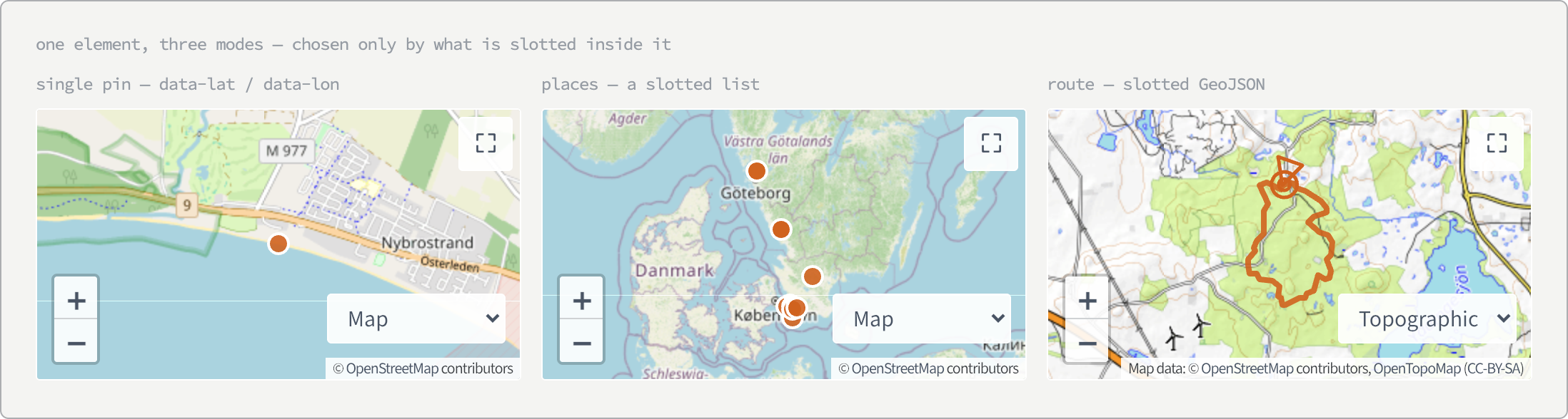 Three maps side by side. The first has a single orange dot on a coastal town. The second is zoomed out over southern Scandinavia with a scatter of orange dots. The third is a forest map carrying an orange route line with its start triangle and finish circles.