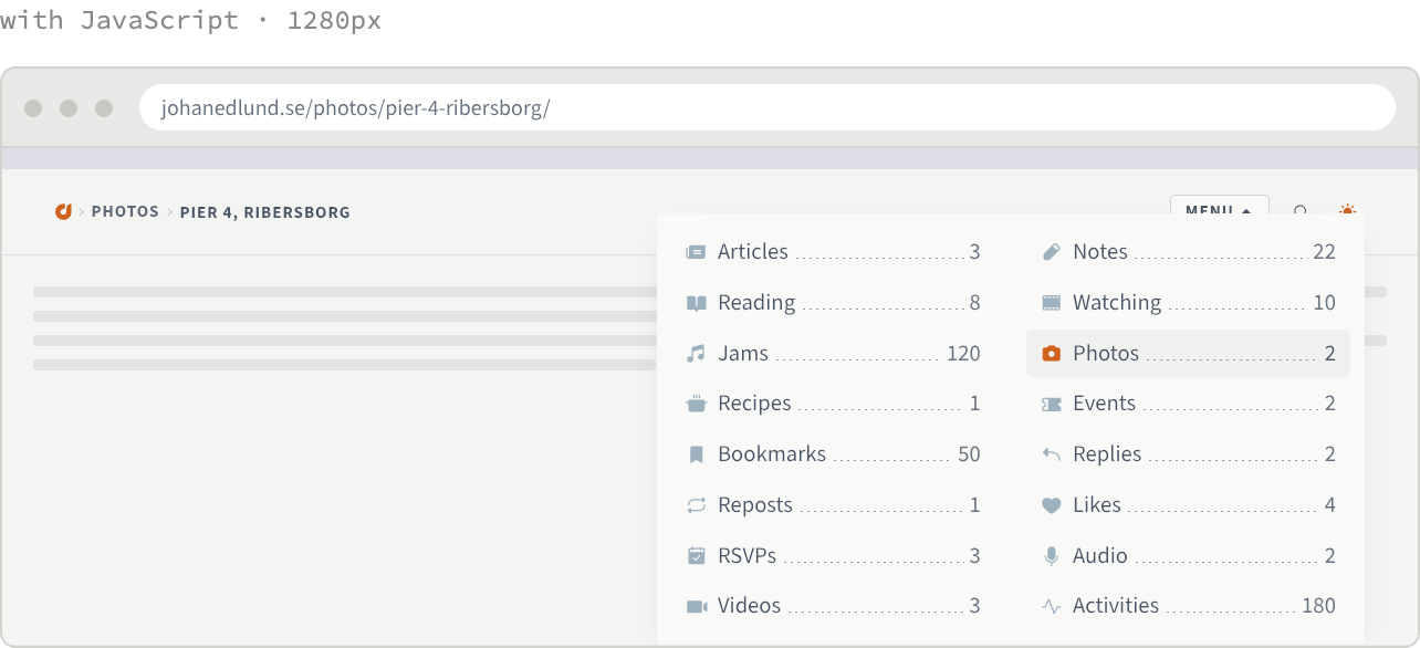 A browser window at 1280 pixels. In the header, a breadcrumb trail on the left and a MENU button on the right; below the button, an open panel listing sixteen post types in two columns, each row an icon, a name, a row of leader dots and a count.