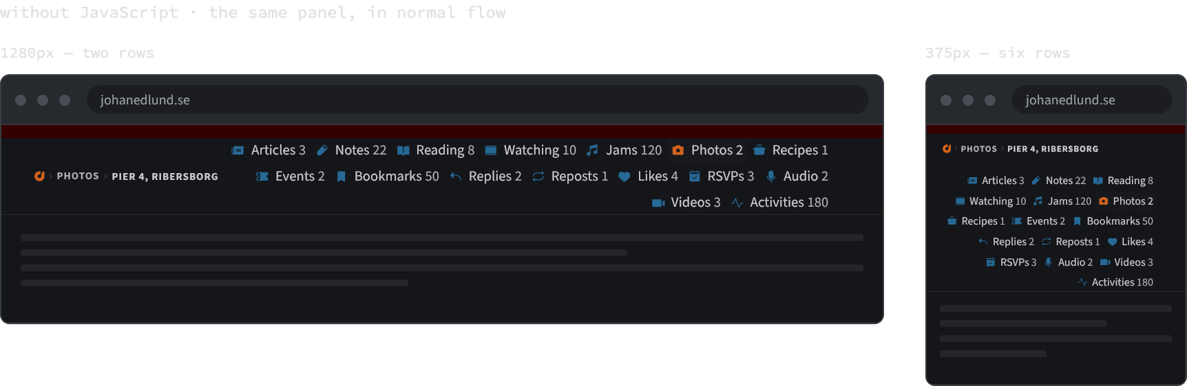 Two browser windows side by side, both without JavaScript. At 1280 pixels the post-type links form a right-aligned row of pills wrapping onto three lines beside the breadcrumb. At 375 pixels the same links wrap onto six lines under the breadcrumb.