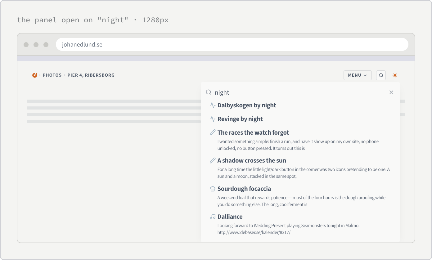 A browser window with the search panel open under the header. The field holds the word night; below it six results, each an icon and a bold title. The first two, both orienteering activities, are a single line with no excerpt; the four below them carry two lines of grey excerpt text.