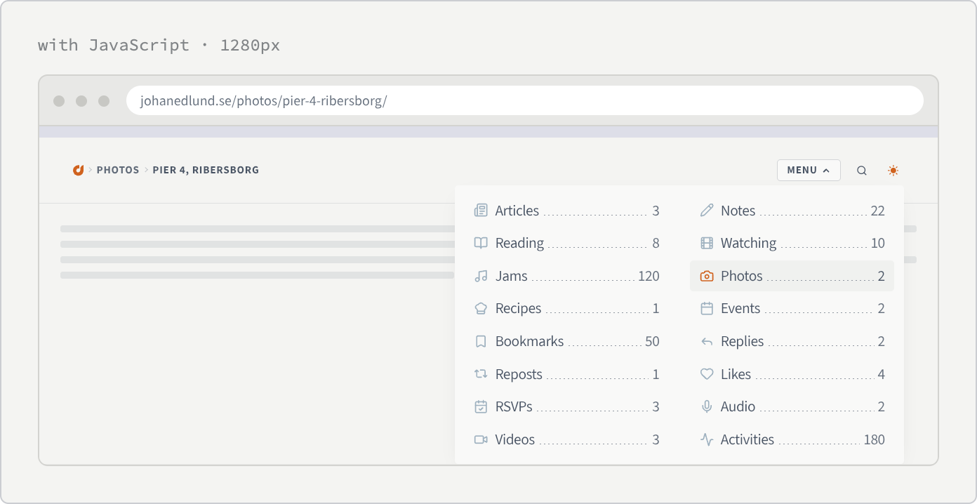 A browser window at 1280 pixels. In the header, a breadcrumb trail on the left and a MENU button on the right; below the button, an open panel listing sixteen post types in two columns, each row an icon, a name, a row of leader dots and a count.