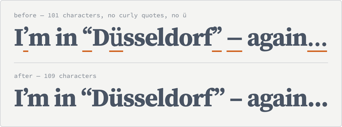 The same heading, I’m in “Düsseldorf” – again…, set twice in Source Serif Bold. In the upper line, from the old subset, six characters are underlined in orange: the apostrophe, both curly quotes, the ü, the en dash and the ellipsis. They are drawn in Georgia and look slightly heavier and differently shaped. The lower line, from the current subset, is uniform.