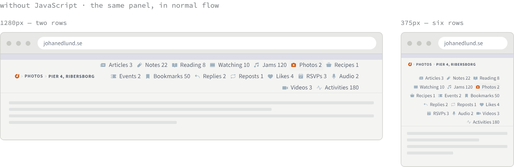 Two browser windows side by side, both without JavaScript. At 1280 pixels the post-type links form a right-aligned row of pills wrapping onto three lines beside the breadcrumb. At 375 pixels the same links wrap onto six lines under the breadcrumb.