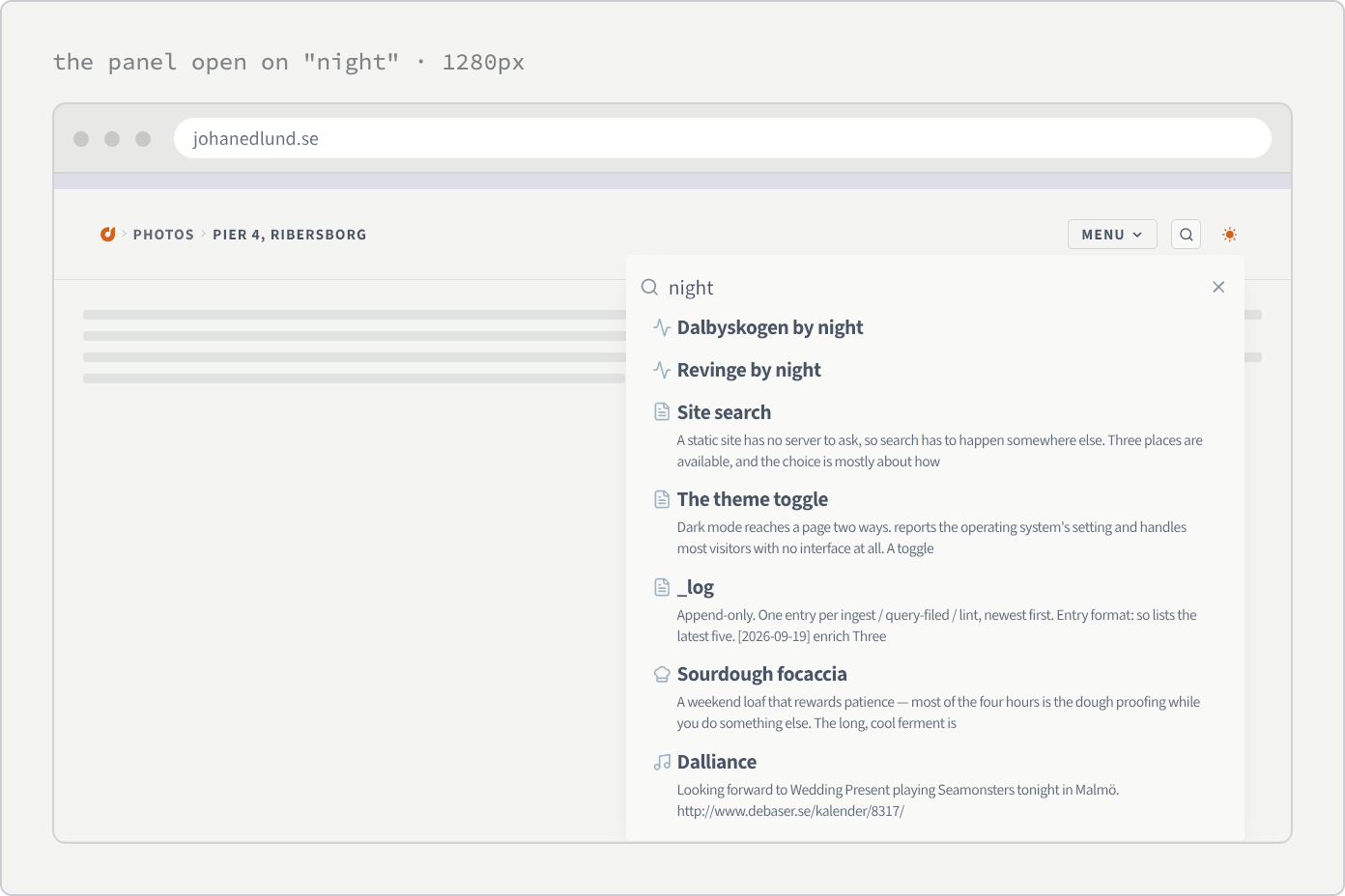 A browser window with the search panel open under the header. The field holds the word night; below it seven results, each with a small type icon and a bold title. The first two, both orienteering activities, are a single line with no excerpt; the five below them — three wiki pages, a recipe and a jam — each carry two lines of gray excerpt text.