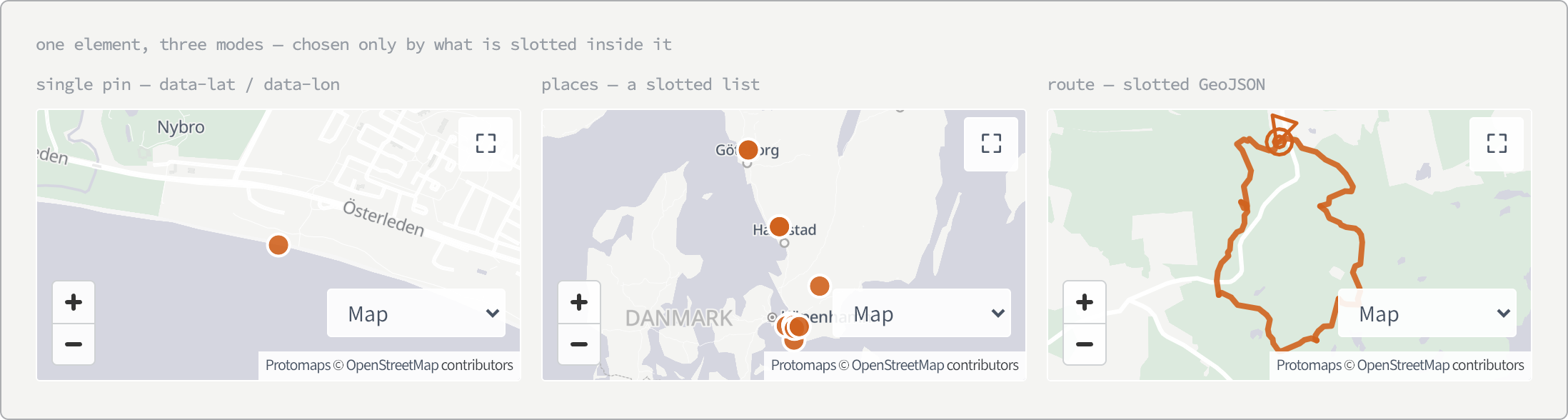 Three maps side by side. The first has a single orange dot on a coastal town. The second is zoomed out over the Swedish west coast and Denmark with a scatter of orange dots. The third is a pale green forest map carrying an orange route line with its start triangle and finish circles.