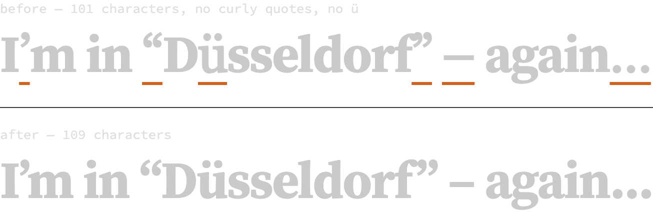 The same heading, I’m in “Düsseldorf” – again…, set twice in Source Serif Bold. In the upper line, from the old subset, six characters are underlined in orange: the apostrophe, both curly quotes, the ü, the en dash and the ellipsis. They are drawn in Georgia and look slightly heavier and differently shaped. The lower line, from the current subset, is uniform.
