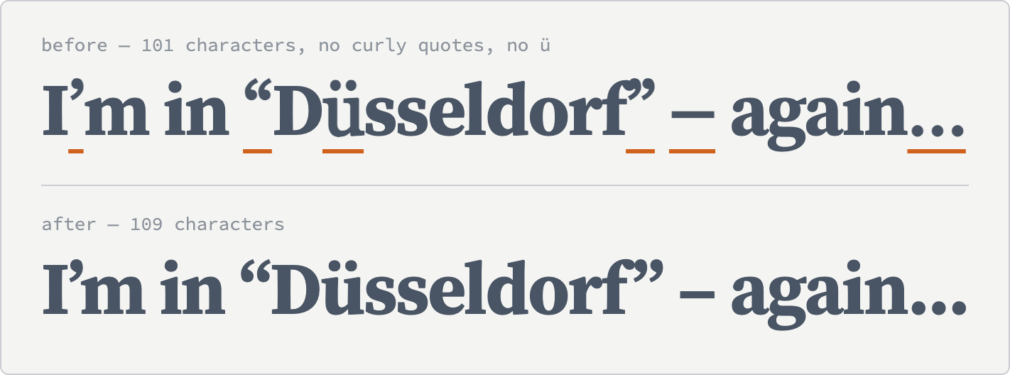 The same heading, I’m in “Düsseldorf” – again…, set twice in Source Serif Bold. In the upper line, from the old subset, six characters are underlined in orange: the apostrophe, both curly quotes, the ü, the en dash and the ellipsis. They are drawn in Georgia and look slightly heavier and differently shaped. The lower line, from the current subset, is uniform.