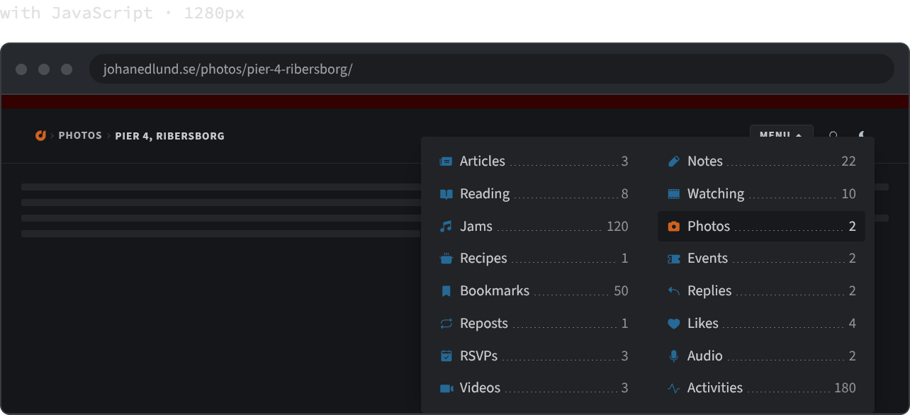 A browser window at 1280 pixels. In the header, a breadcrumb trail on the left and a MENU button on the right; below the button, an open panel listing sixteen post types in two columns, each row an icon, a name, a row of leader dots and a count.