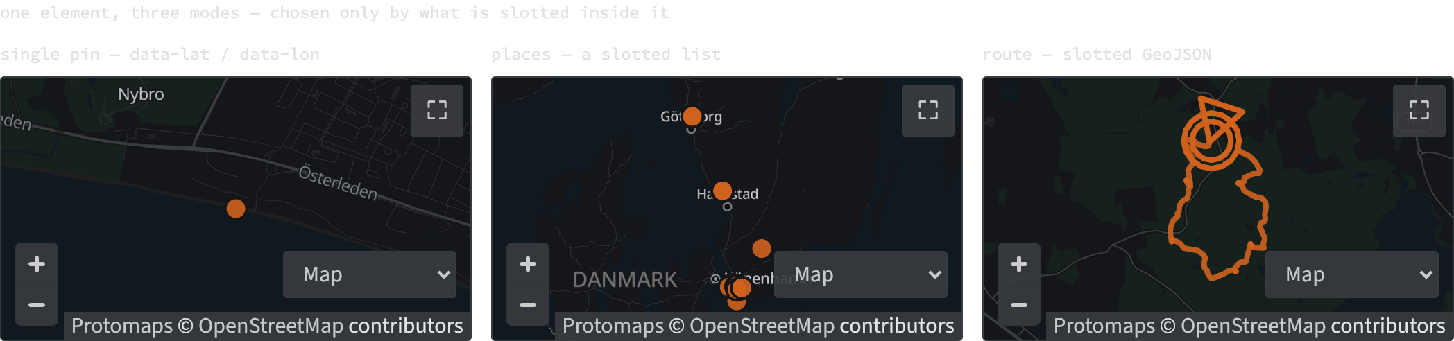 Three maps side by side. The first has a single orange dot on a coastal town. The second is zoomed out over the Swedish west coast and Denmark with a scatter of orange dots. The third is a pale green forest map carrying an orange route line with its start triangle and finish circles.