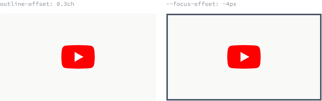 The same focused play button twice, side by side on the embed's pale placeholder surface. On the left, at the site's outset offset, there is no ring at all — only the red play glyph. On the right, with the offset inverted, a thick slate ring runs inside the edge of the embed.