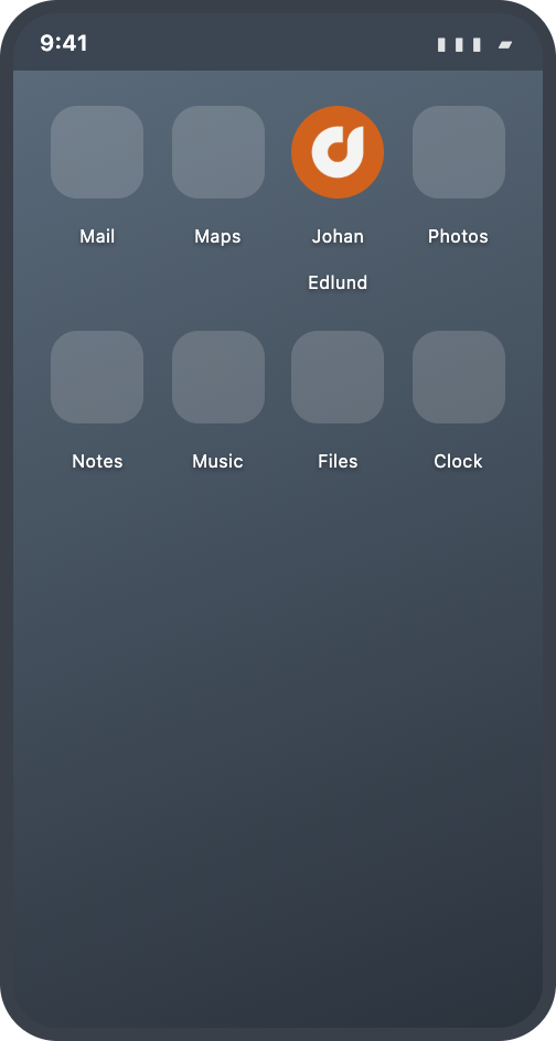 A phone home screen of grey placeholder apps, with the orange tile circular-cropped among them and labelled Johan Edlund.