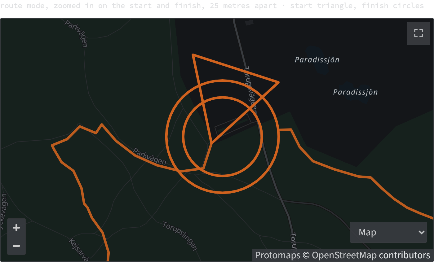 A pale green map of park paths with an orange route line running through it. Where the line begins, a hollow orange triangle drawn as thick as the line, its apex on the track and its body trailing back; a few metres away, two hollow concentric orange circles of the same weight marking the finish, where the line stops at the outer circle.