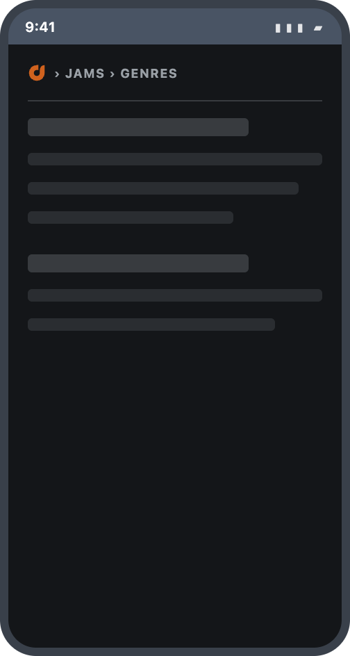 The same screen in dark mode, the status bar a slate band above a near-black page.