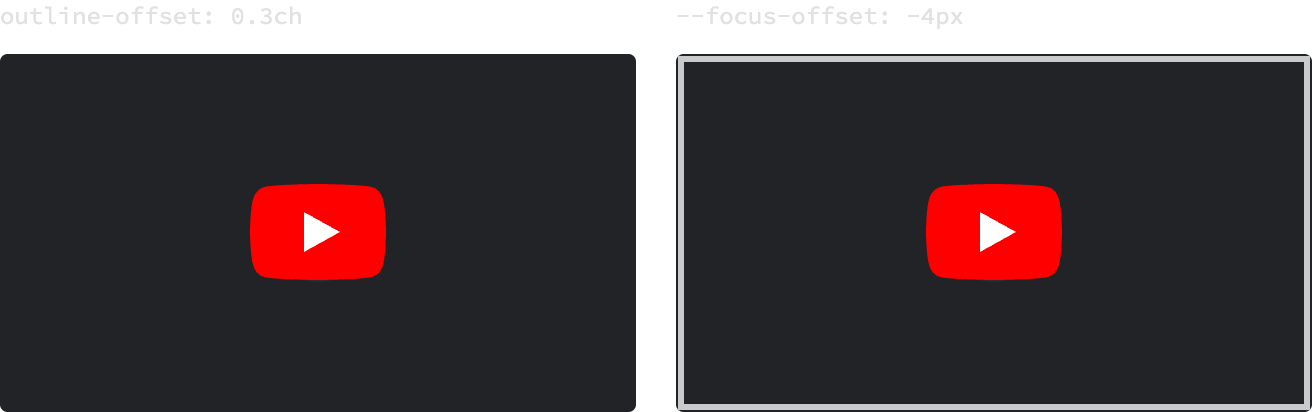 The same focused play button twice, side by side on the embed's pale placeholder surface. On the left, at the site's outset offset, there is no ring at all — only the red play glyph. On the right, with the offset inverted, a thick slate ring runs inside the edge of the embed.