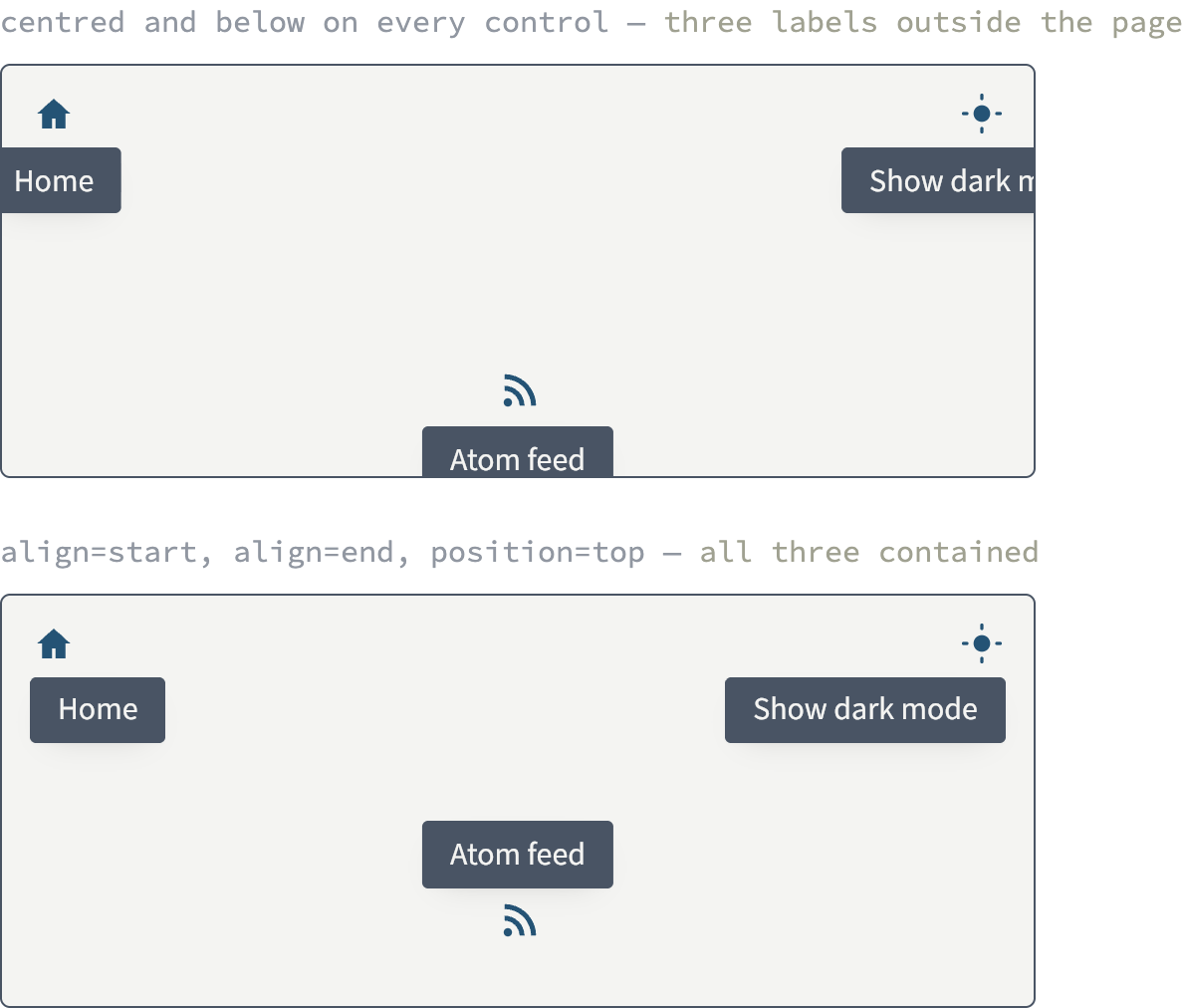 Two frames standing in for a page, one above the other. In the upper frame, labeled "centred and below on every control", three dark tooltips are cut off by the frame edges: a Home label clipped at the left, a "Show dark mode" label clipped mid-word at the right, and an Atom feed label clipped at the bottom. In the lower frame, labeled "align=start, align=end, position=top", the same three labels sit fully inside the frame — the first two anchored to the controls' own edges, the third opening upwards above its control.