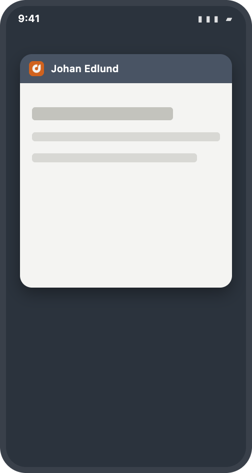 An app-switcher card, its header tinted slate with the mark and the site name, the page below it off-white.