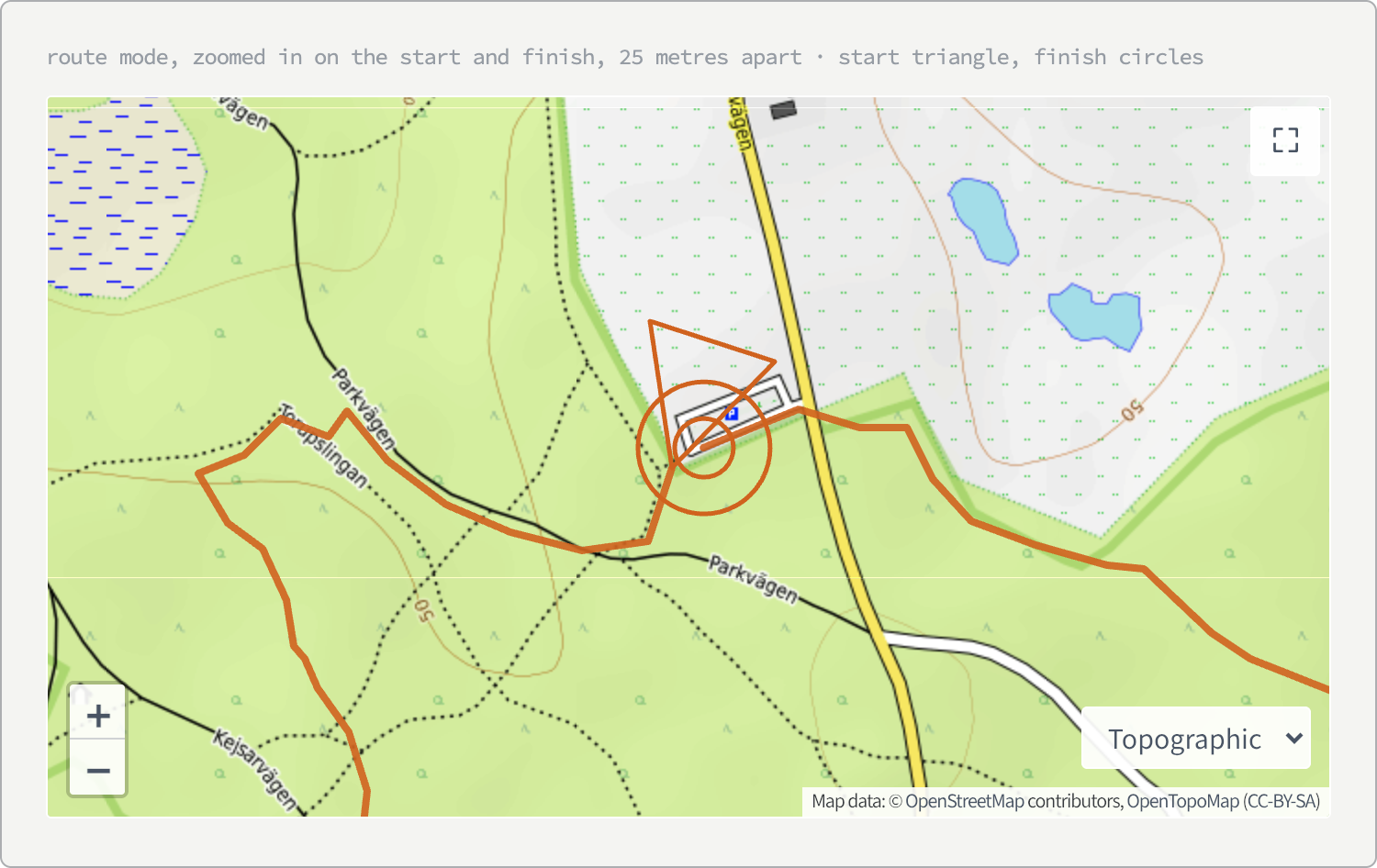 A topographic map of forest with an orange route line running through it. Where the line begins, a hollow orange triangle with its apex on the track and its body trailing back; a few metres away, two hollow concentric orange circles marking the finish.