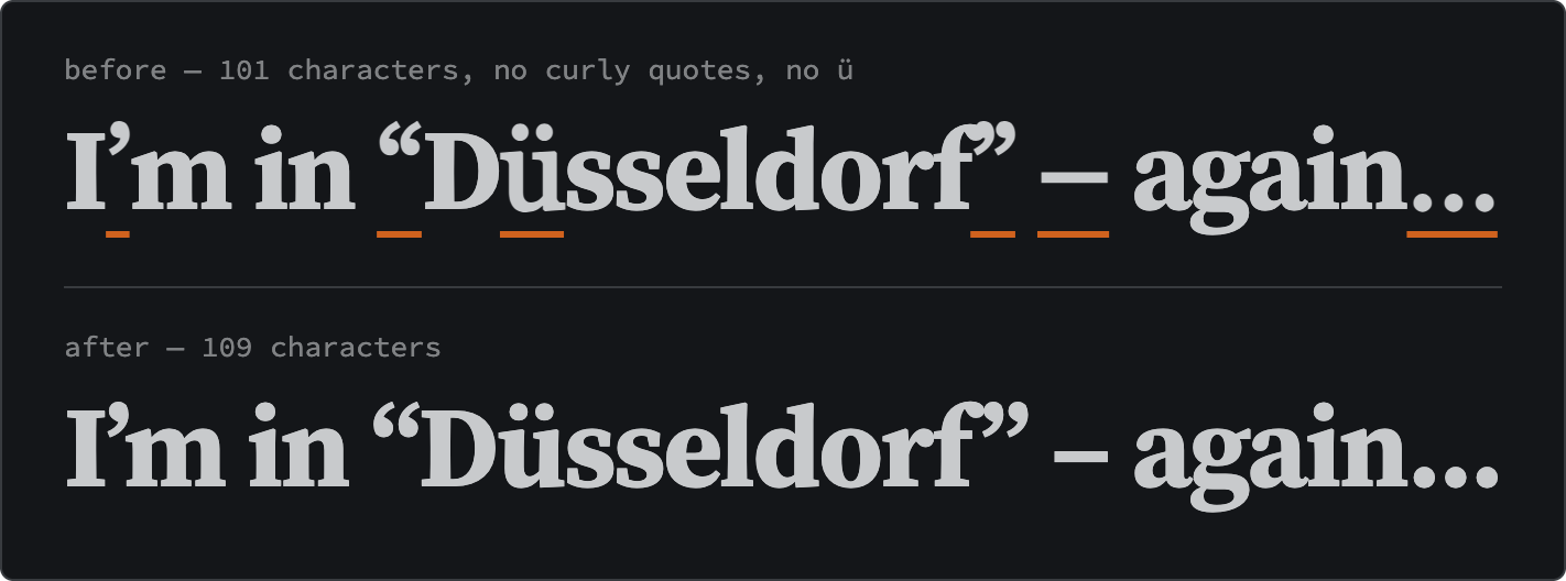 The same heading, I’m in “Düsseldorf” – again…, set twice in Source Serif Bold. In the upper line, from the old subset, six characters are underlined in orange: the apostrophe, both curly quotes, the ü, the en dash and the ellipsis. They are drawn in Georgia and look slightly heavier and differently shaped. The lower line, from the current subset, is uniform.